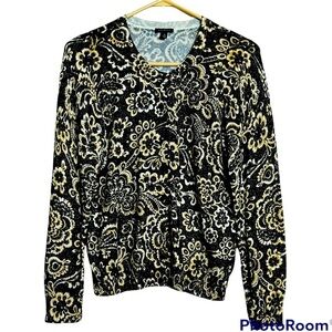 Talbots Floral Cardigan Black With Ivory And Gold Medium